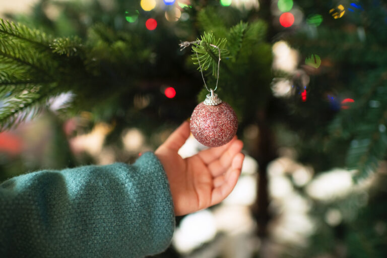 Close Up Of A Little Girl's Hands Decorating Christmas Tree